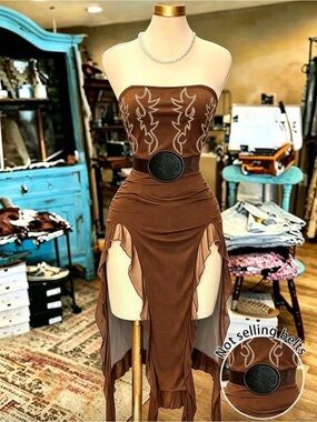 Strapless Brown Asymmetrical Boho Skirt with Decorative Belt Accent